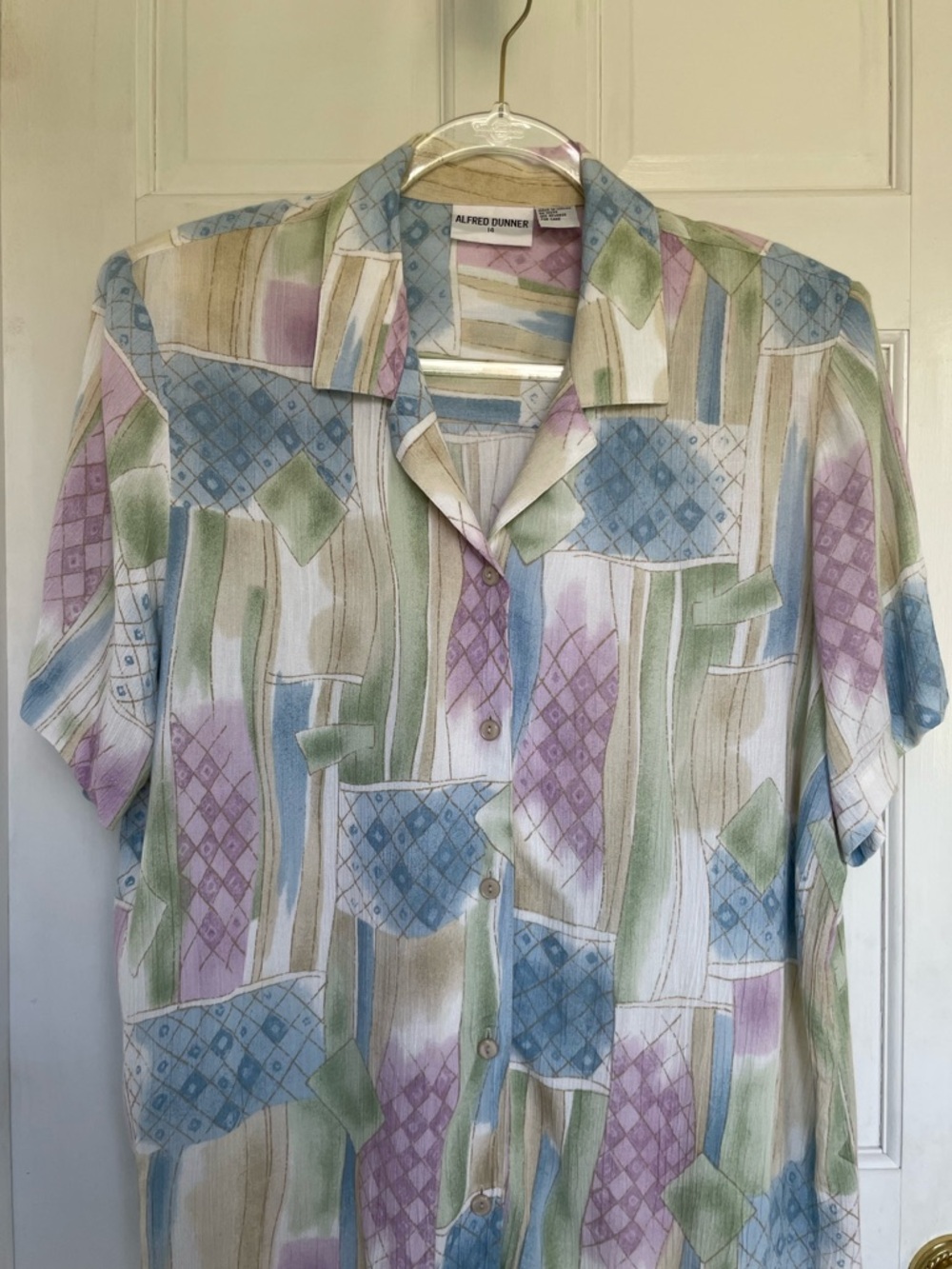 Alfred Dunner Short-Sleeve Button Shirt in Pastel Blue, Green & Purple